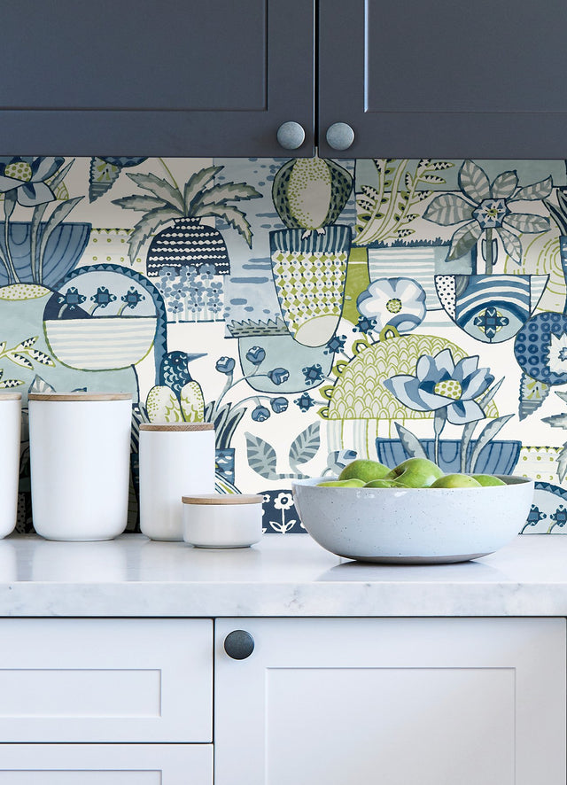 Avriel Blue Peel & Stick Wallpaper with Folksy Birds and Patchwork Floral Pattern - NuWallpaper CBS4519