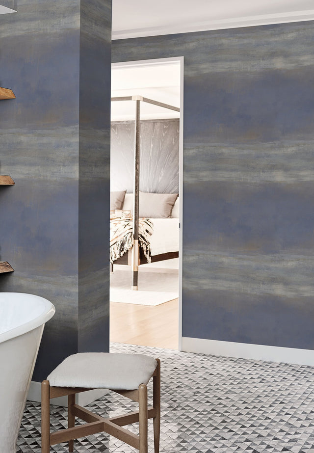 Serene Reflection Navy Wallpaper with Textured Abstract Horizontal Band - York CC1255