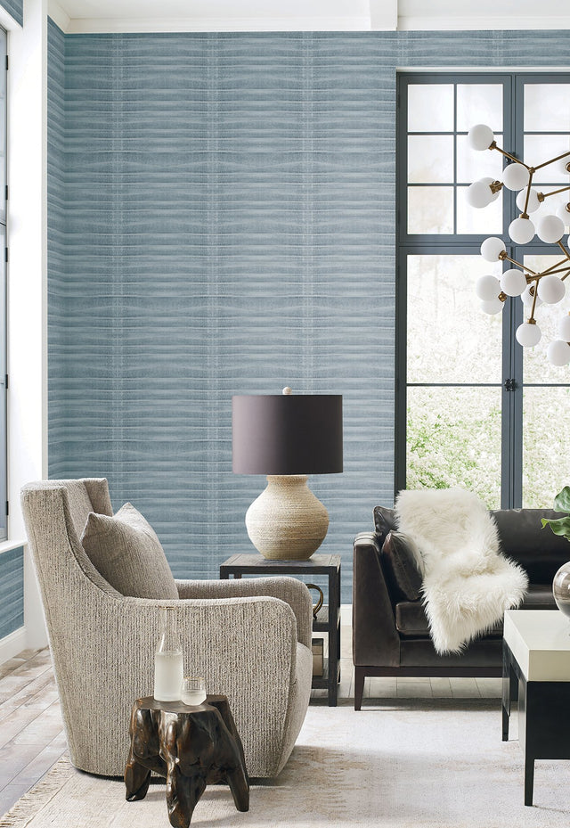 Grey Stone Blue Wallpaper with Horizontal Pleated Linen Effect - York CC1265