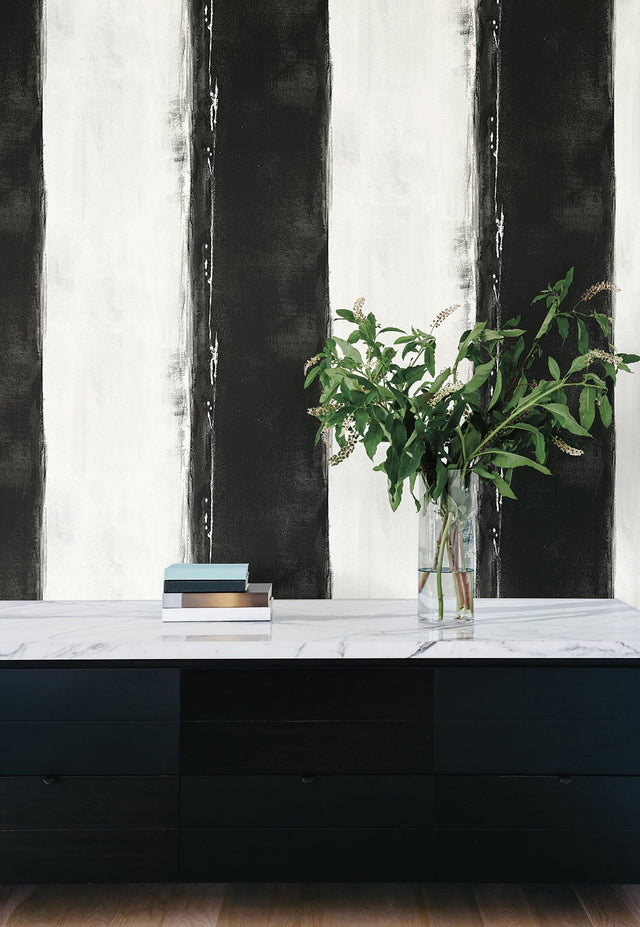 Ink Wash Black Wallpaper with Abstract Brushstroke Geometric Motif - York CC1271