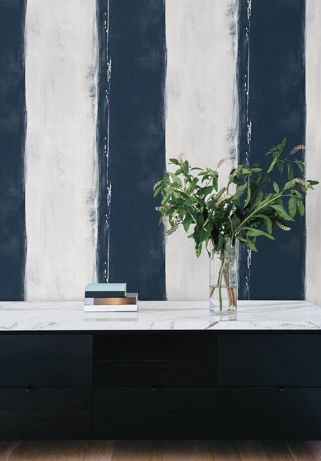 Ink Wash Navy Wallpaper with Painterly Stripe Geometric Motif - York CC1272