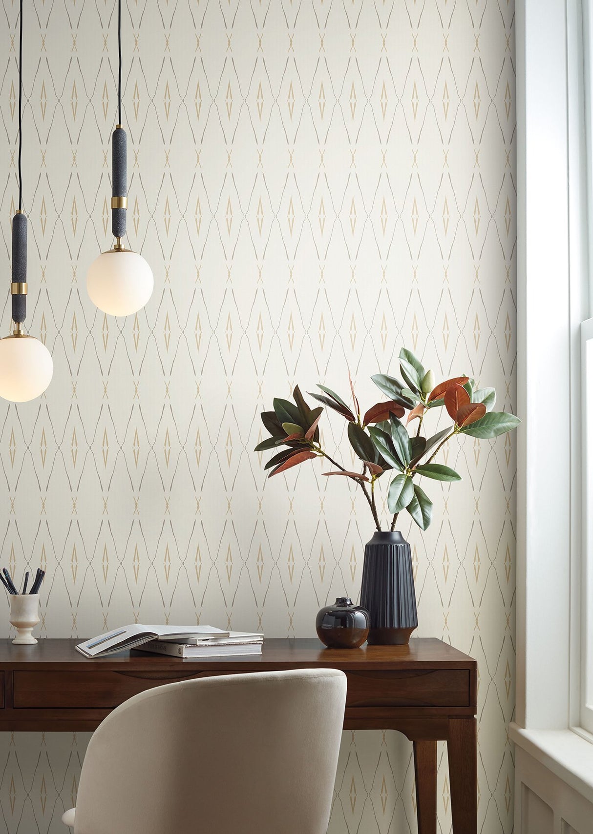 Artifact Silhouettes Desert Wallpaper with Geometric Diamond Trellis - York CC1282