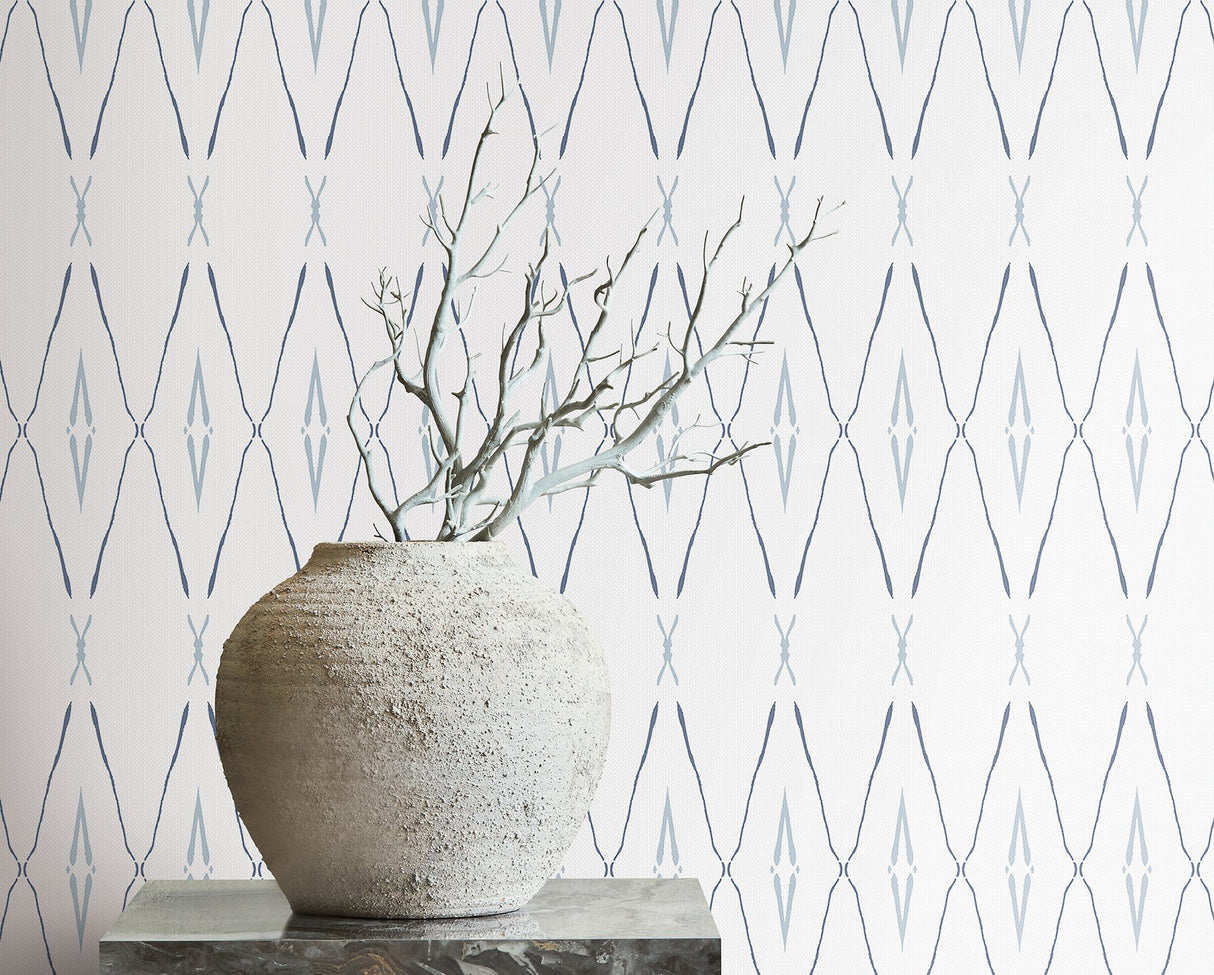 Artifact Silhouettes Indigo Wallpaper with Geometric Diamond Paper Weave Grasscloth - York CC1284