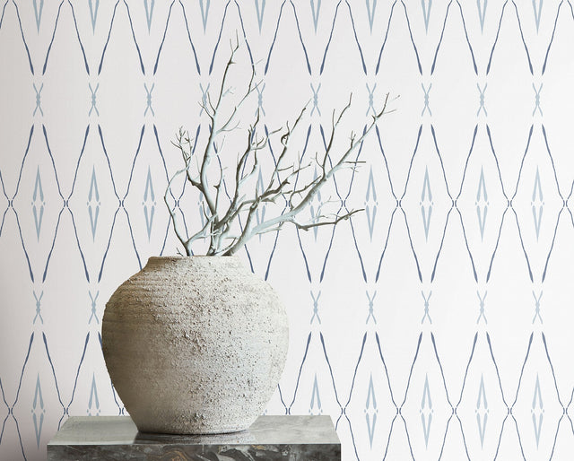 Artifact Silhouettes Indigo Wallpaper with Geometric Diamond Paper Weave Grasscloth - York CC1284