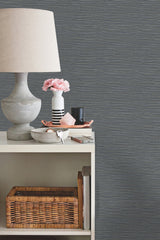 Ramie Weave Grasscloth Dark Blue Metallic Wallpaper with Textured Horizontal Weave - York CD1040N