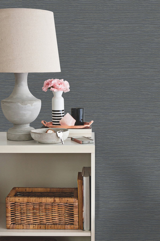 Ramie Weave Grasscloth Dark Blue Metallic Wallpaper with Textured Horizontal Weave - York CD1040N