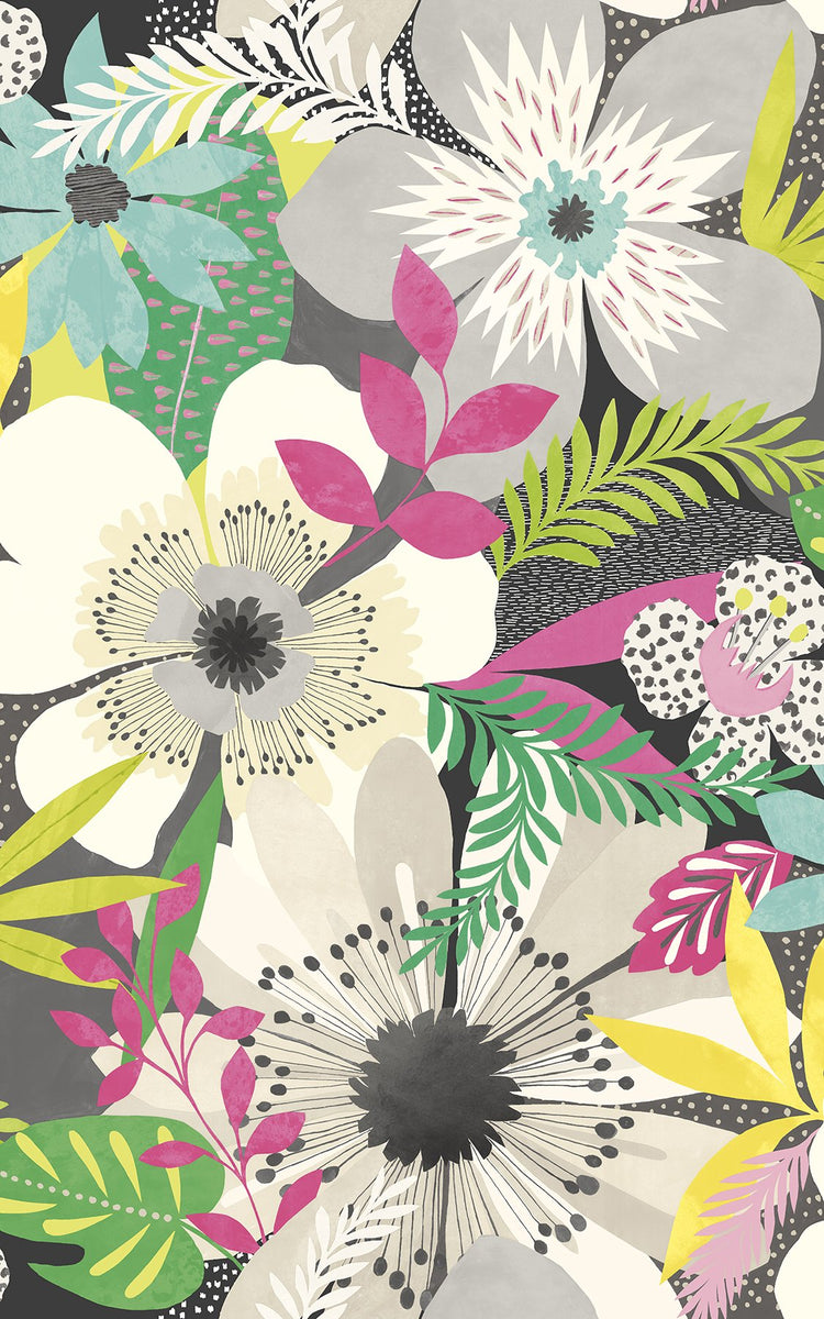 Janis Charcoal Floral Riot Wallpaper with Bohemian Botanical Pattern ...