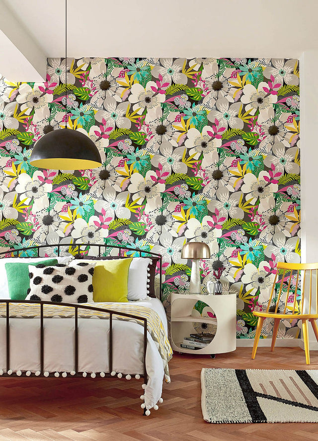 Janis Charcoal Floral Riot Wallpaper with Bohemian Botanical Pattern - ohpopsi CEP50101W