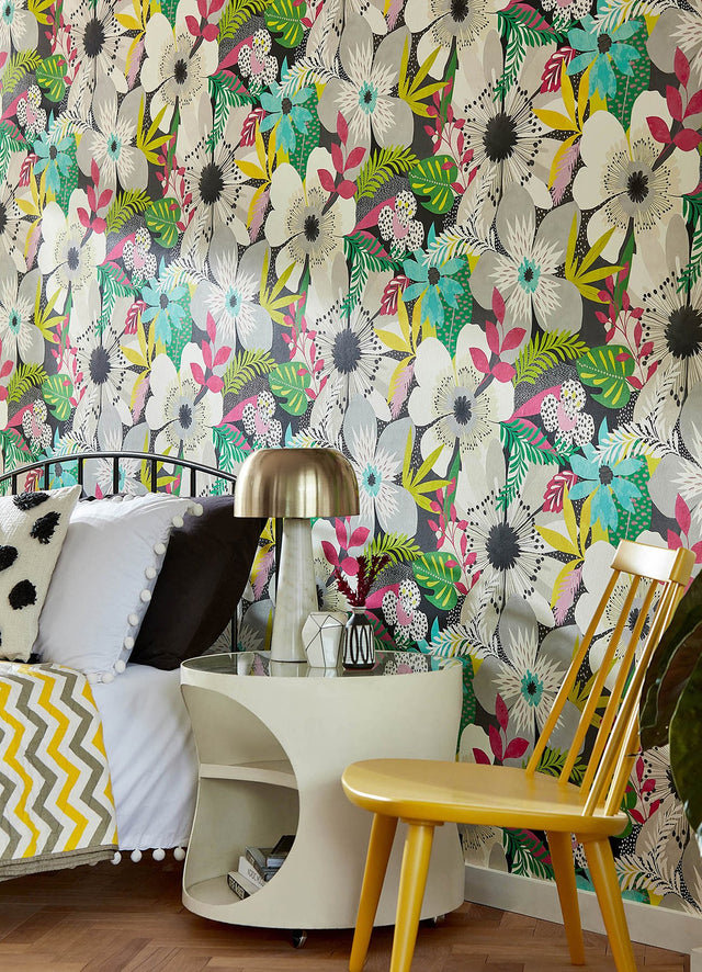 Janis Charcoal Floral Riot Wallpaper with Bohemian Botanical Pattern - ohpopsi CEP50101W