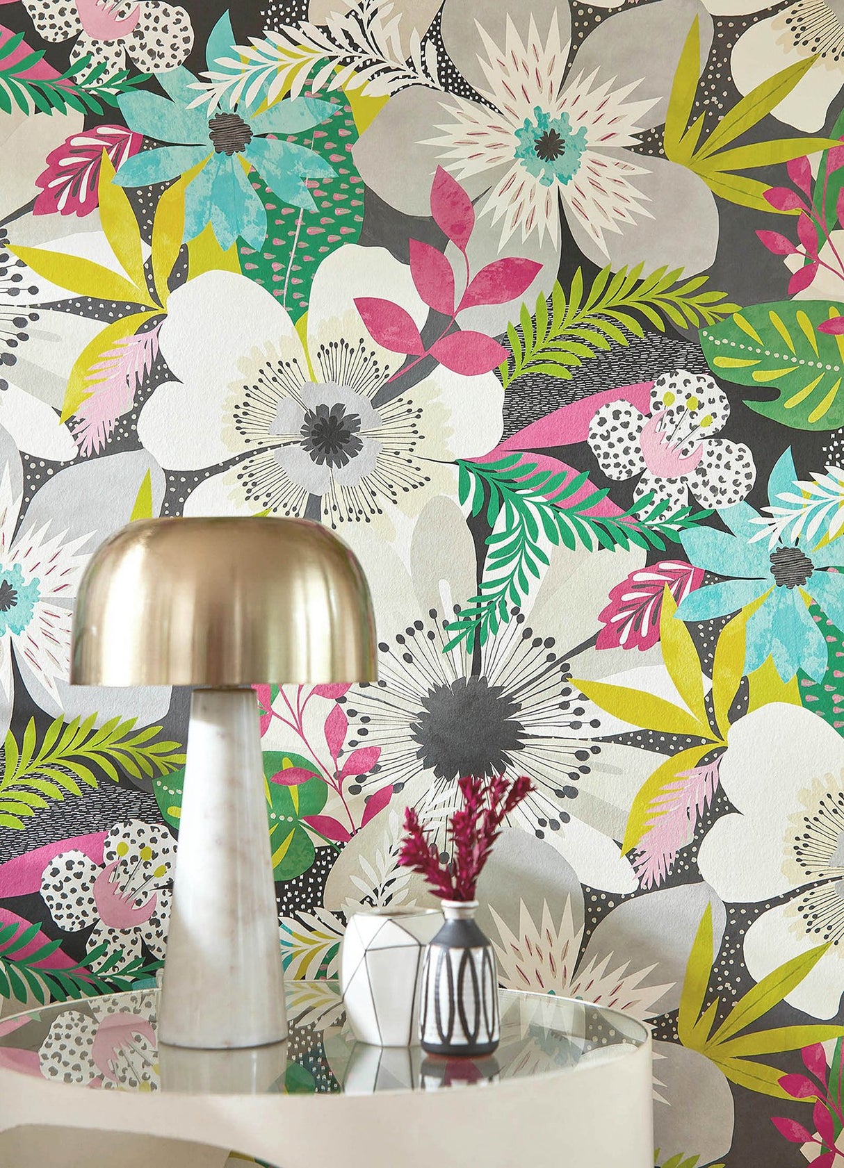 Janis Charcoal Floral Riot Wallpaper with Bohemian Botanical Pattern - ohpopsi CEP50101W