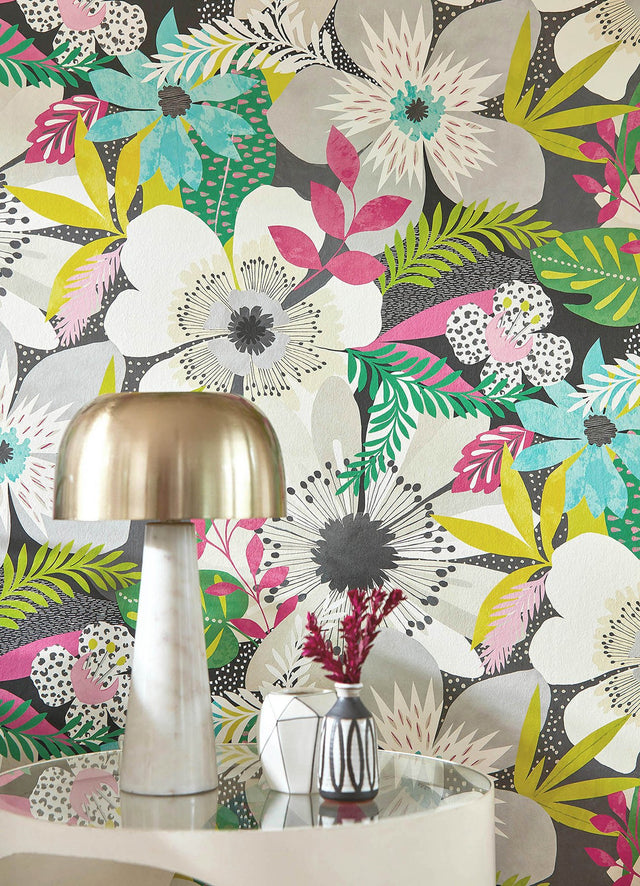 Janis Charcoal Floral Riot Wallpaper with Bohemian Botanical Pattern - ohpopsi CEP50101W