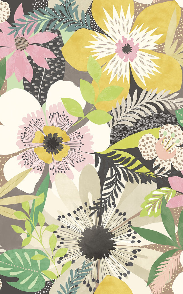 Janis Mustard Floral Riot Wallpaper with Bohemian Botanical Pattern - ohpopsi CEP50102W