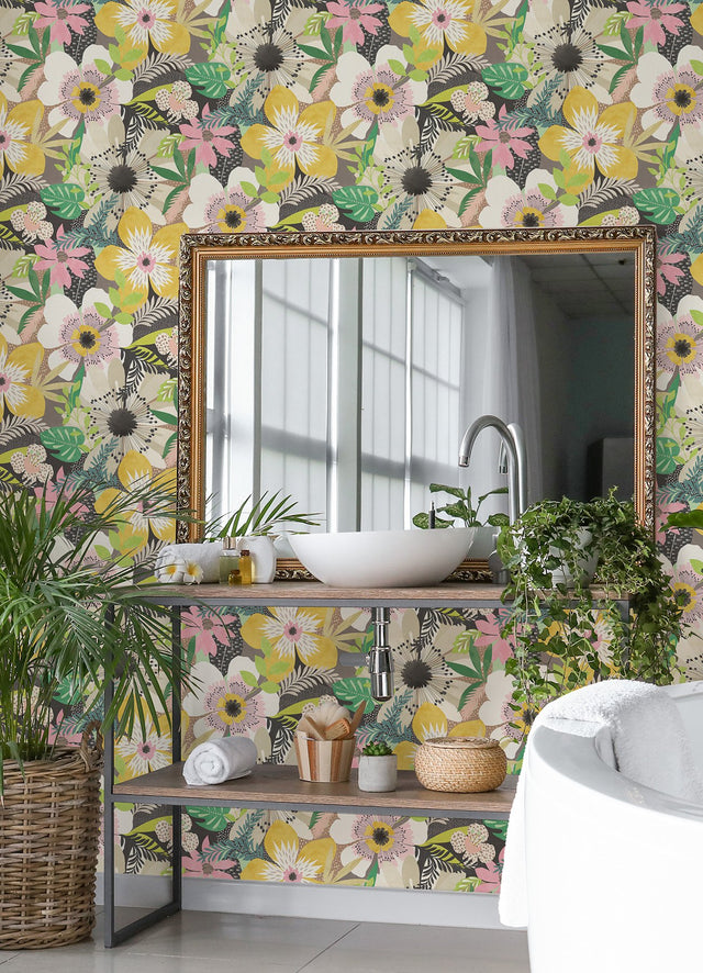 Janis Mustard Floral Riot Wallpaper with Bohemian Botanical Pattern - ohpopsi CEP50102W