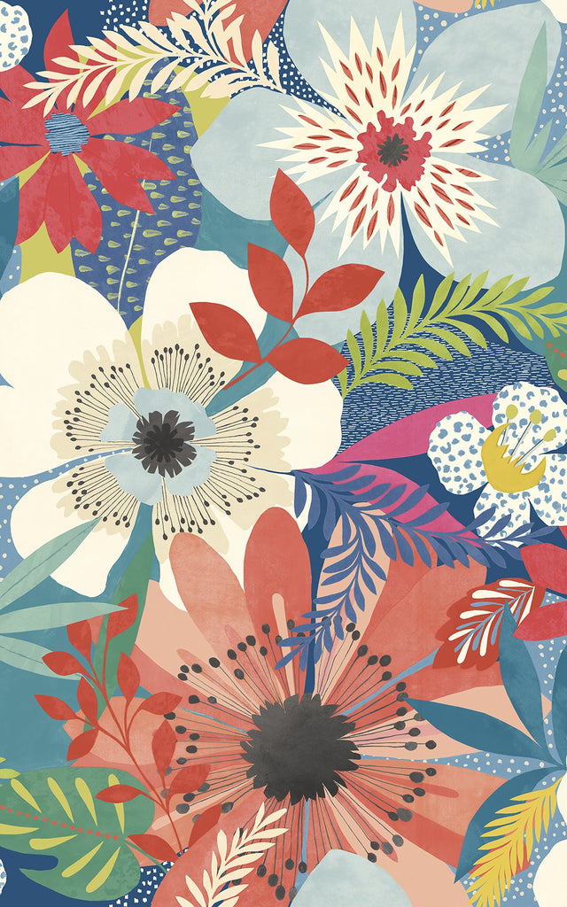 Janis Indigo Floral Riot Wallpaper with Bohemian Botanical Pattern - ohpopsi CEP50104W