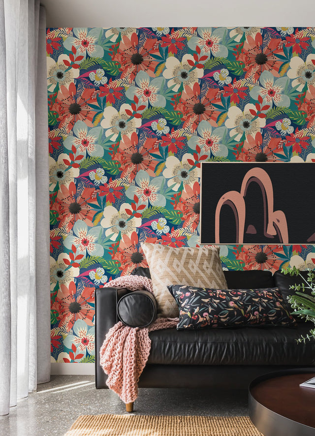Janis Indigo Floral Riot Wallpaper with Bohemian Botanical Pattern - ohpopsi CEP50104W