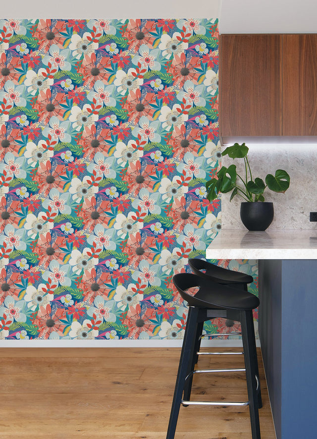 Janis Indigo Floral Riot Wallpaper with Bohemian Botanical Pattern - ohpopsi CEP50104W