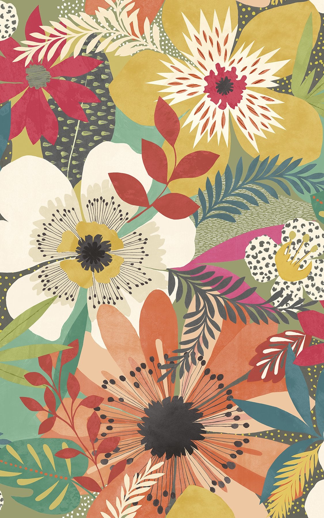 Janis Olive Floral Riot Wallpaper with Bohemian Botanical Pattern - ohpopsi CEP50105W