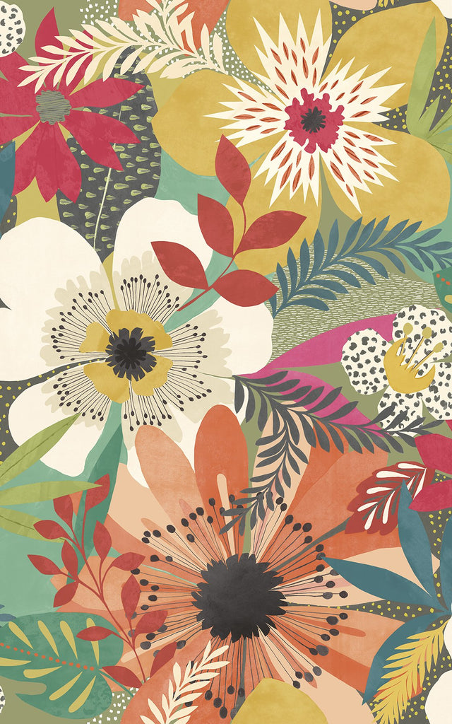 Janis Olive Floral Riot Wallpaper with Bohemian Botanical Pattern - ohpopsi CEP50105W