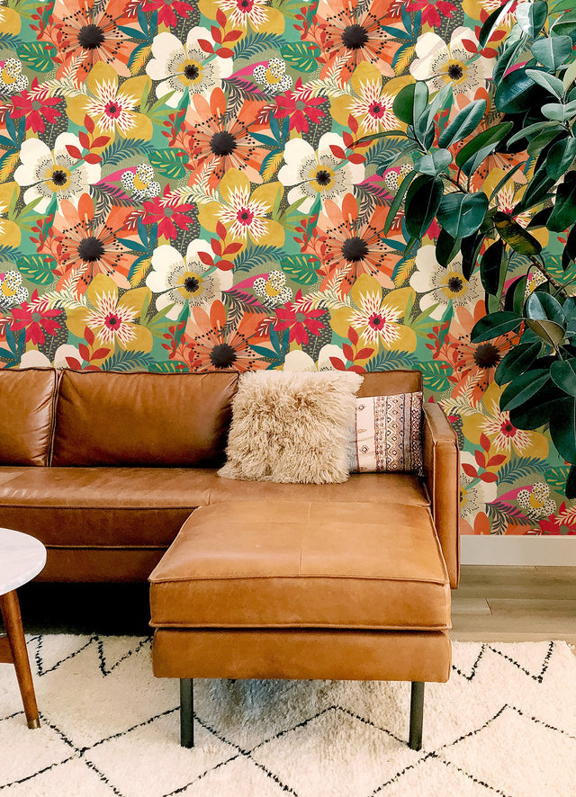 Janis Olive Floral Riot Wallpaper with Bohemian Botanical Pattern - ohpopsi CEP50105W