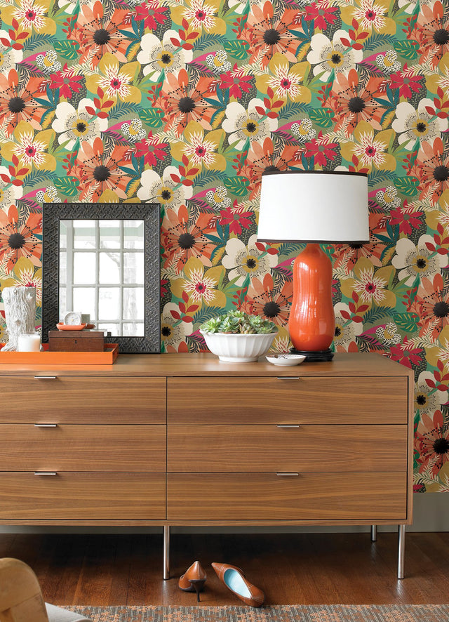 Janis Olive Floral Riot Wallpaper with Bohemian Botanical Pattern - ohpopsi CEP50105W