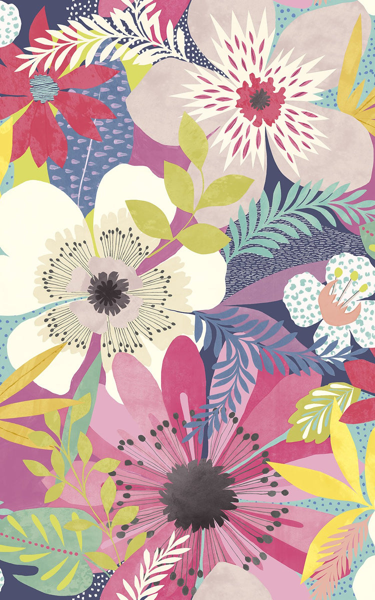 Janis Raspberry Floral Riot Wallpaper with Bohemian Botanical Pattern ...