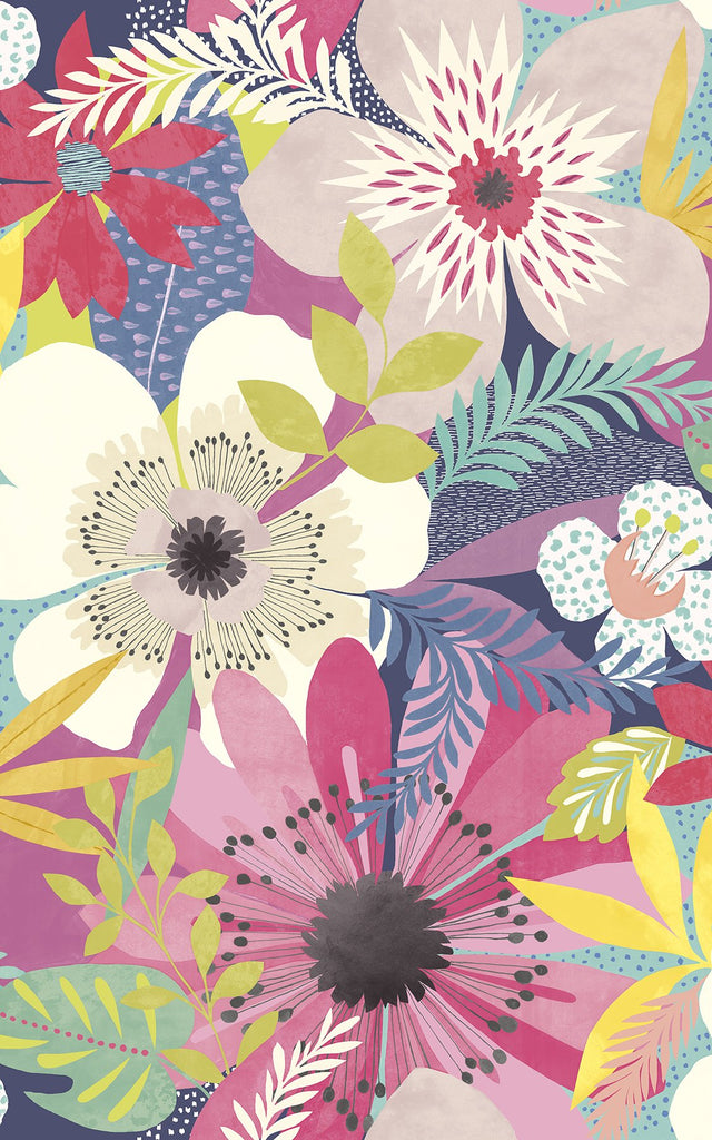 Janis Raspberry Floral Riot Wallpaper with Bohemian Botanical Pattern - ohpopsi CEP50106W