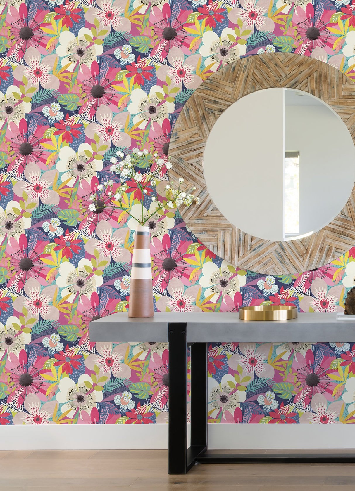 Janis Raspberry Floral Riot Wallpaper with Bohemian Botanical Pattern - ohpopsi CEP50106W
