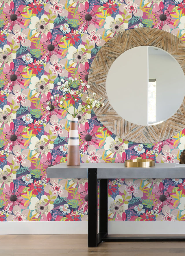 Janis Raspberry Floral Riot Wallpaper with Bohemian Botanical Pattern - ohpopsi CEP50106W