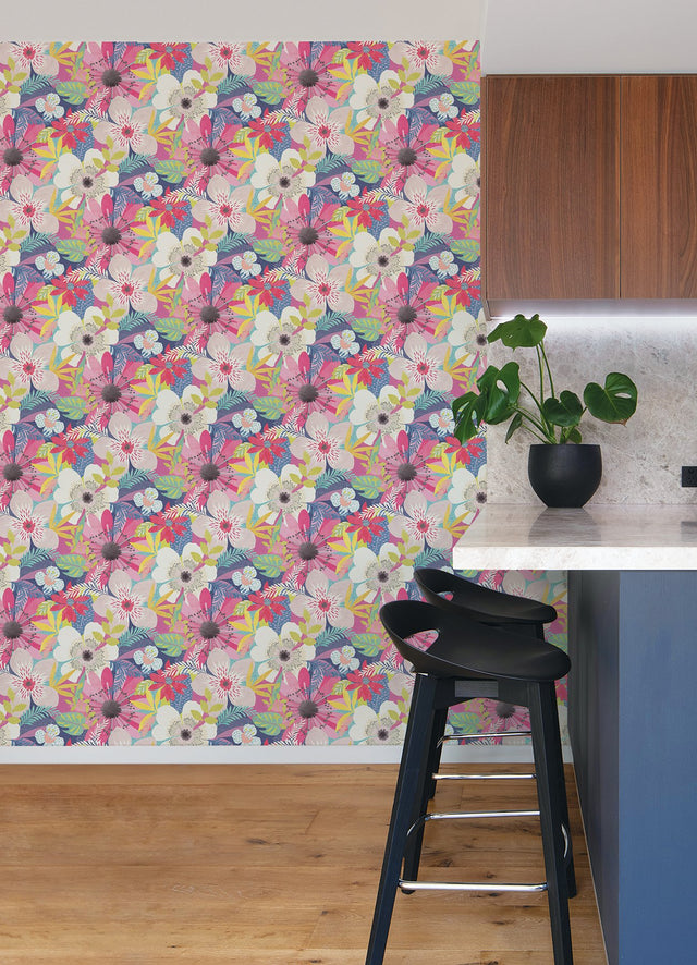 Janis Raspberry Floral Riot Wallpaper with Bohemian Botanical Pattern - ohpopsi CEP50106W
