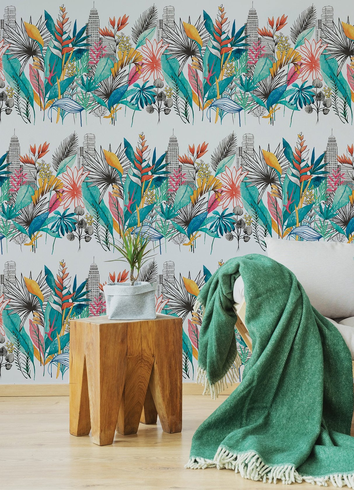 Sierra Blue Urban Tropic Wallpaper with Botanical Tropical Pattern - ohpopsi CEP50108W