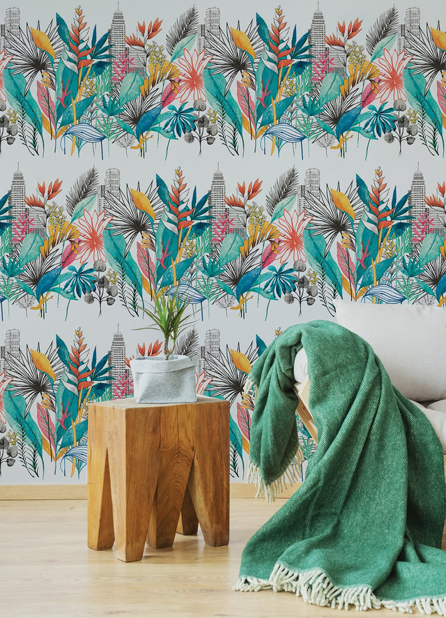 Sierra Blue Urban Tropic Wallpaper with Botanical Tropical Pattern - ohpopsi CEP50108W