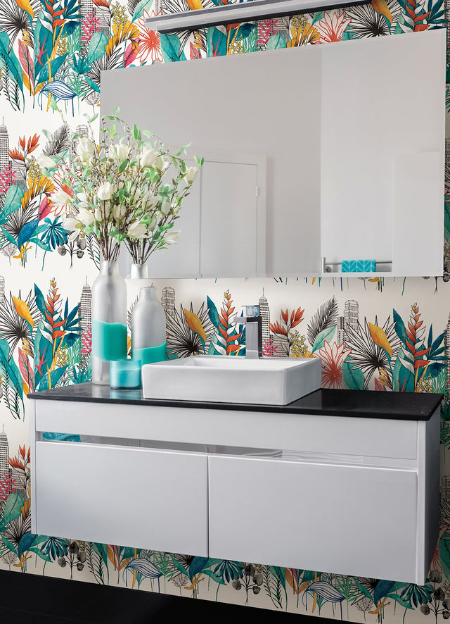 Sierra Blue Urban Tropic Wallpaper with Botanical Tropical Pattern - ohpopsi CEP50108W