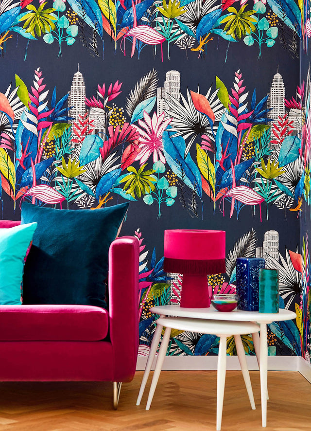Sierra Indigo Urban Tropic Wallpaper with Botanical Tropical Pattern - ohpopsi CEP50110W