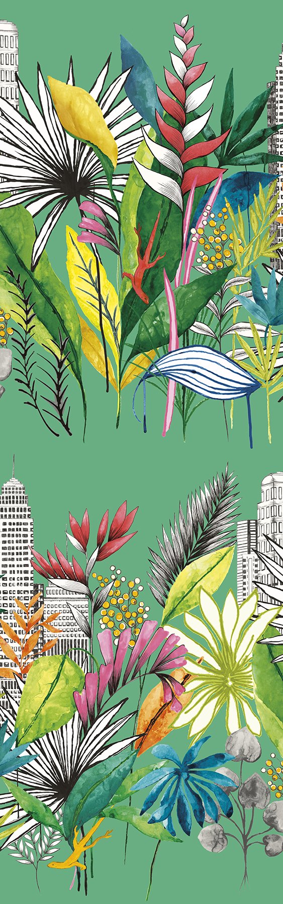Sierra Green Urban Tropic Wallpaper with Botanical Cityscape Motif - ohpopsi CEP50111W