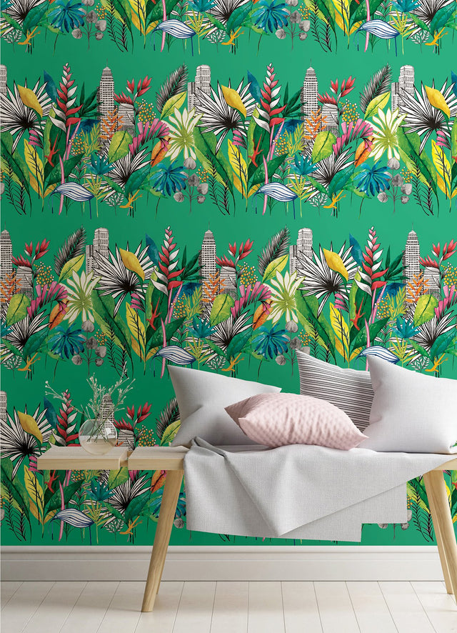 Sierra Green Urban Tropic Wallpaper with Botanical Cityscape Motif - ohpopsi CEP50111W