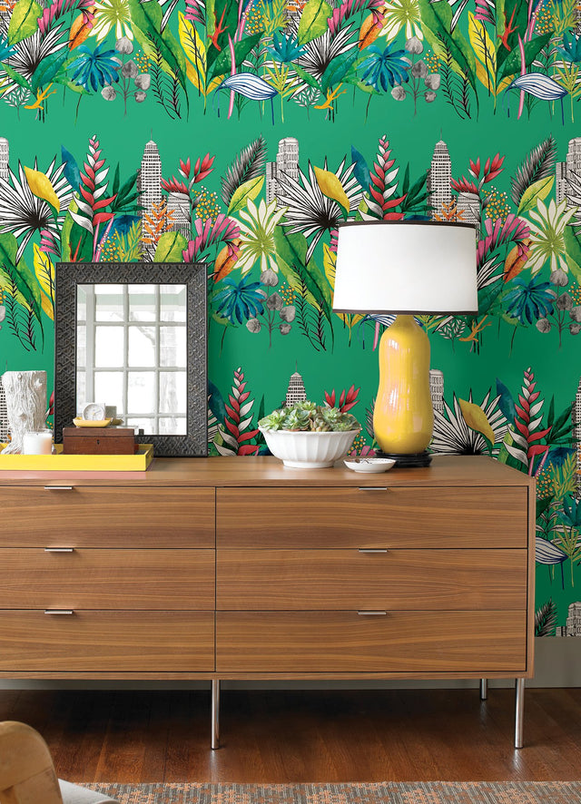 Sierra Green Urban Tropic Wallpaper with Botanical Cityscape Motif - ohpopsi CEP50111W