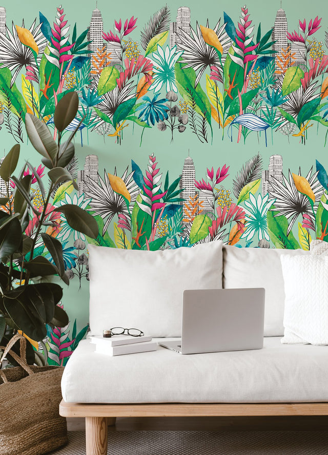 Sierra Mint Urban Tropic Wallpaper with Botanical Tropical Pattern - CEP50112W