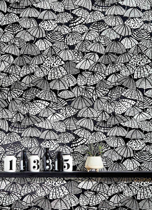 Dara Black Jolly Brollies Wallpaper with Graphic Umbrella Motif - ohpopsi CEP50113W