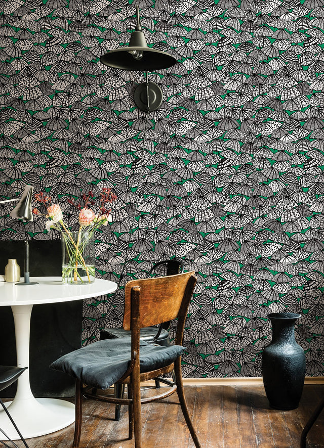 Dara Green Jolly Brollies Wallpaper with Geometric Umbrella Motif - ohpopsi CEP50114W