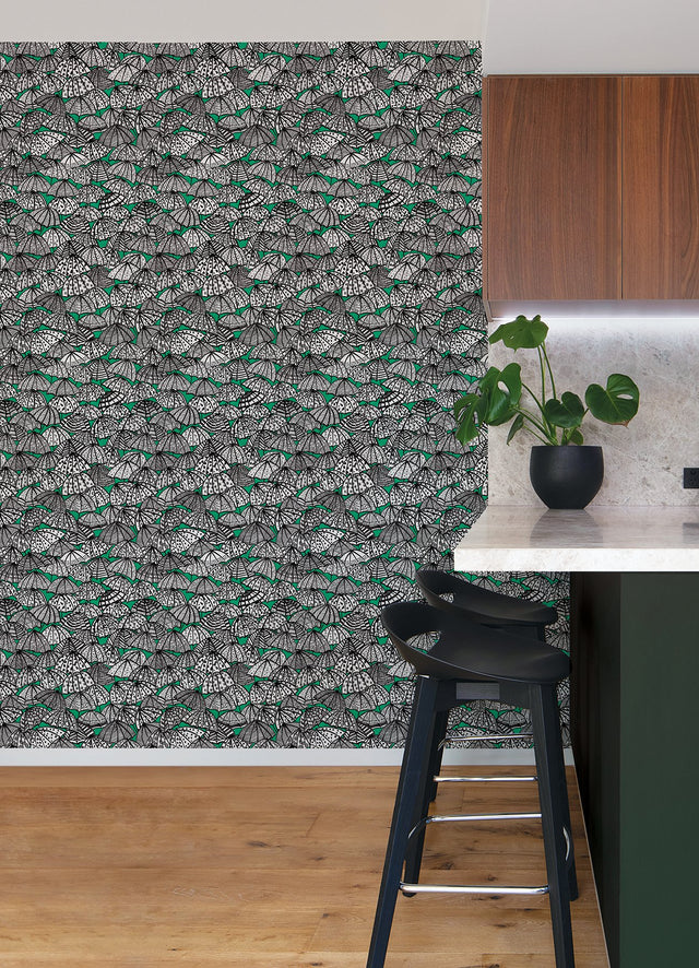 Dara Green Jolly Brollies Wallpaper with Geometric Umbrella Motif - ohpopsi CEP50114W