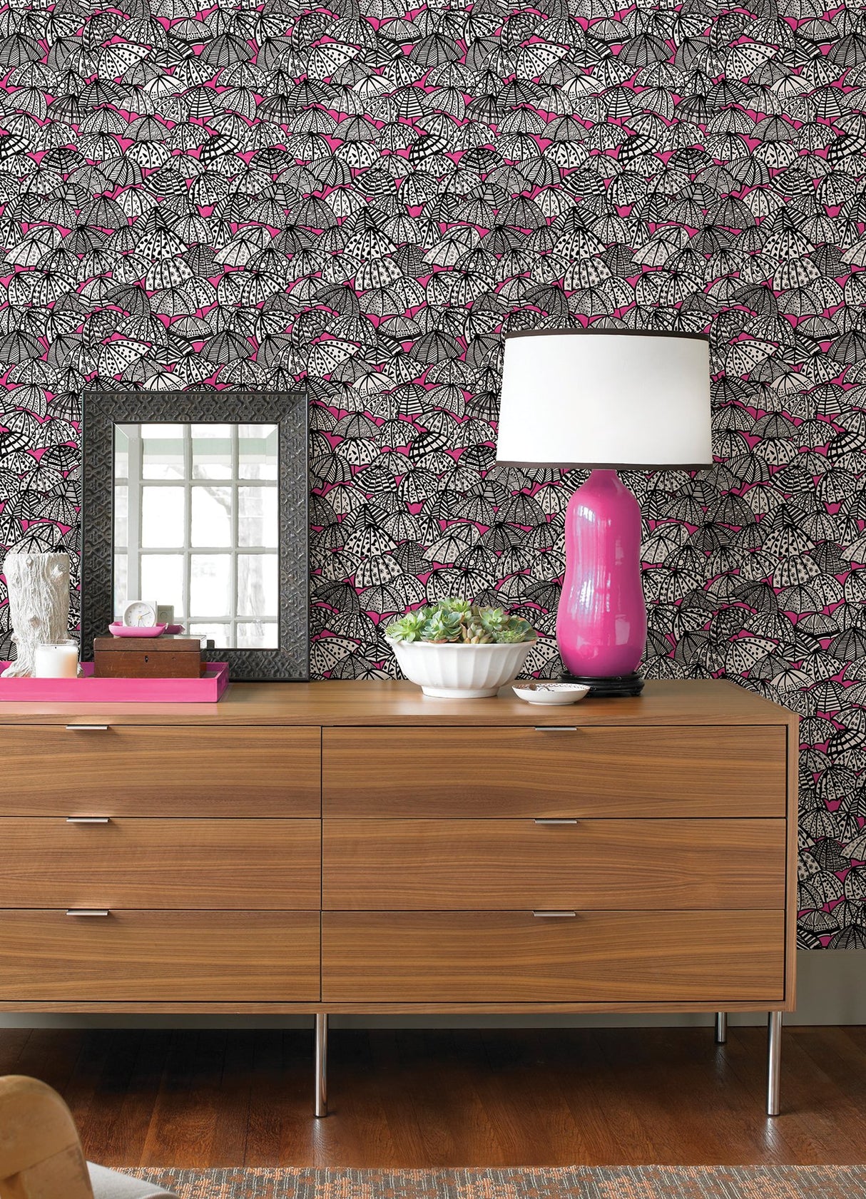 Dara Raspberry Jolly Brollies Wallpaper with Bohemian Geometric Graphics - ohpopsi CEP50115W