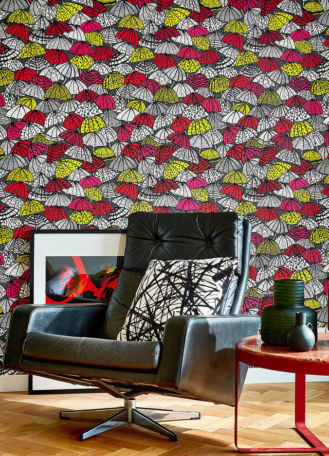Dara Red Jolly Brollies Wallpaper with Geometric Graphic Umbrella Motif - ohpopsi CEP50116W