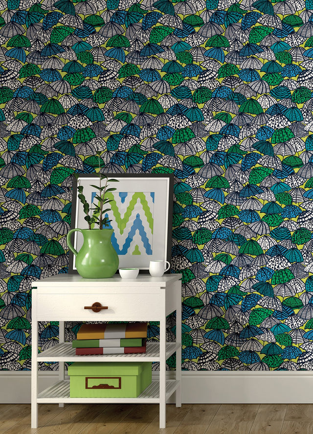 Dara Chartreuse Jolly Brollies Wallpaper with Geometric Graphics Pattern, Bohemian Style - CEP50117W