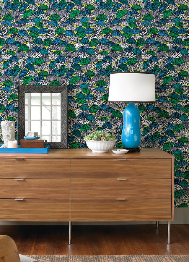 Dara Chartreuse Jolly Brollies Wallpaper with Geometric Graphics Pattern, Bohemian Style - CEP50117W