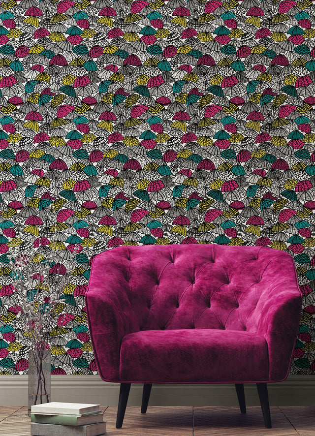 Dara Fuschia Jolly Brollies Wallpaper with Graphic Geometric Umbrella Motif - ohpopsi CEP50118W