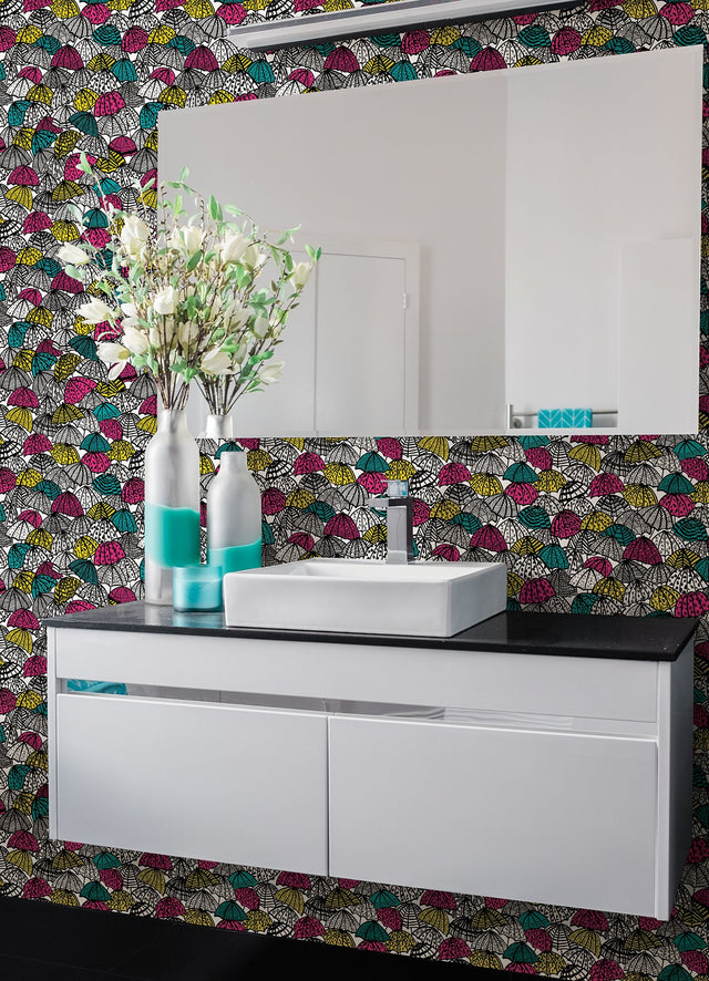 Dara Fuschia Jolly Brollies Wallpaper with Graphic Geometric Umbrella Motif - ohpopsi CEP50118W