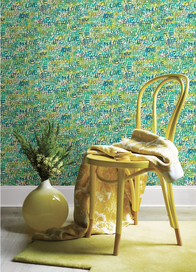 Indio Teal Love Scribble Wallpaper with Graffiti Graphics in Eclectic Style - CEP50123W