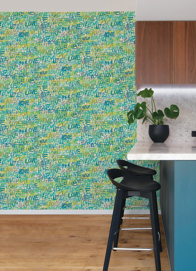 Indio Teal Love Scribble Wallpaper with Graffiti Graphics in Eclectic Style - CEP50123W