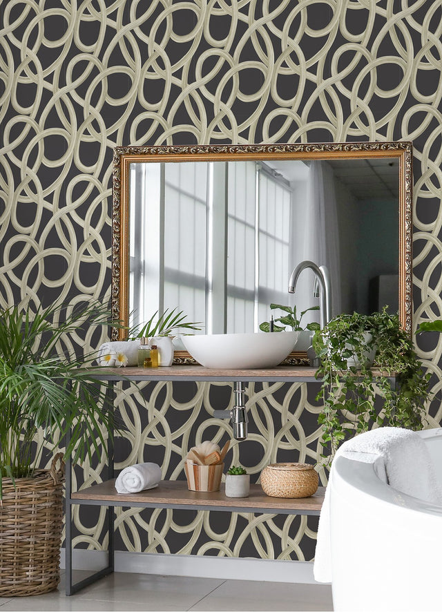 Calix Black Twisted Geo Wallpaper with Abstract Feature Wall Brushstroke Pattern - ohpopsi CEP50126W
