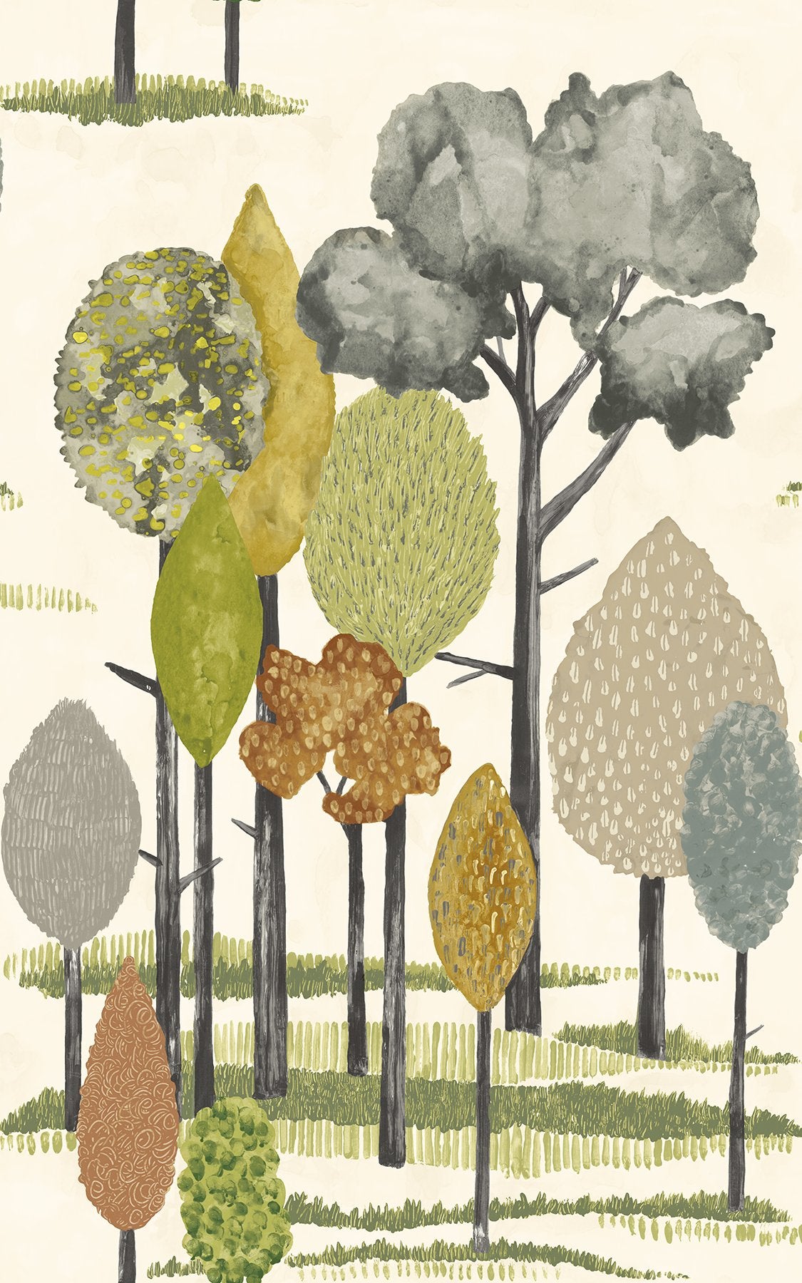 Cypress Olive Tall Trees Wallpaper with Botanical Farmhouse Motif - ohpopsi CEP50135W